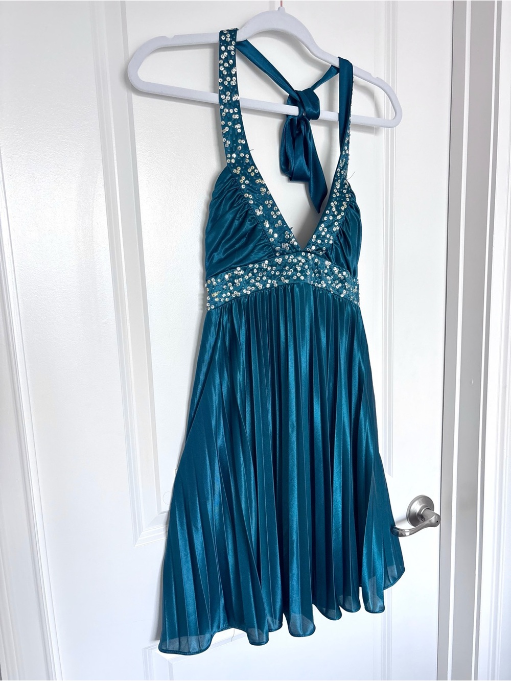 Morgan & Co Teal Rhinestone Halter Dress Homecoming Prom Y2K Glam Small Beaded